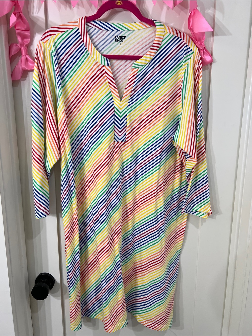 Lands' End Rainbow Diagonal Stripe Long Sleeve Tunic / swimsuit cover-up